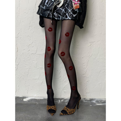 Allover Lip Print Sheer Tights