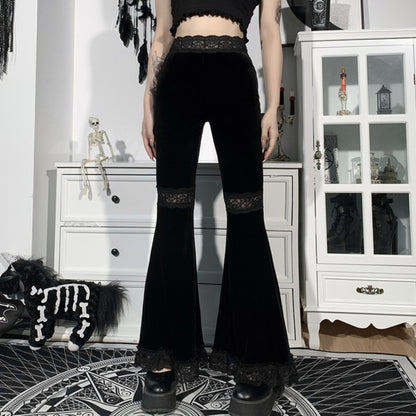 Black Lace Trim Flare Pants