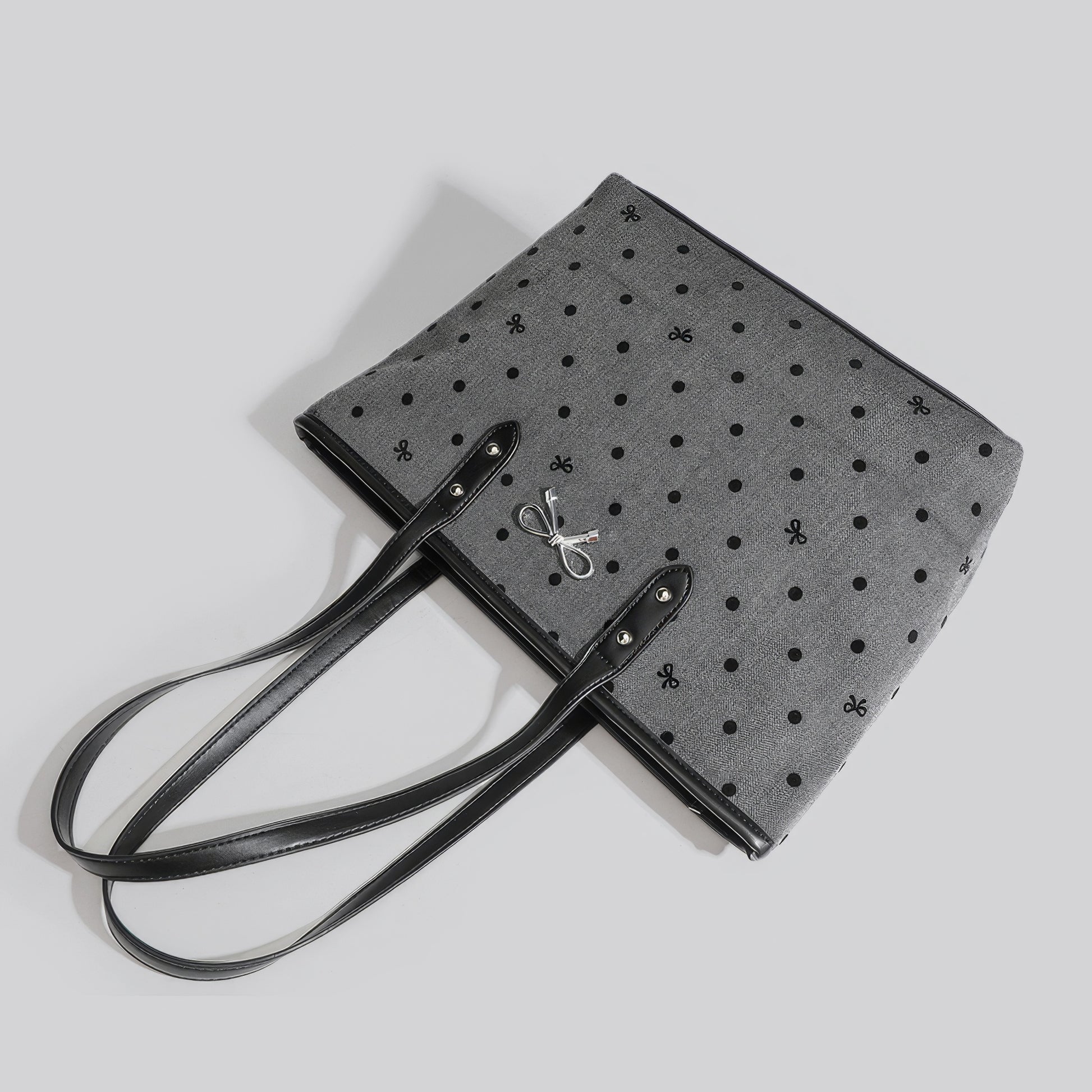 Reversible Dot Embroidery Bow Tote Bag
