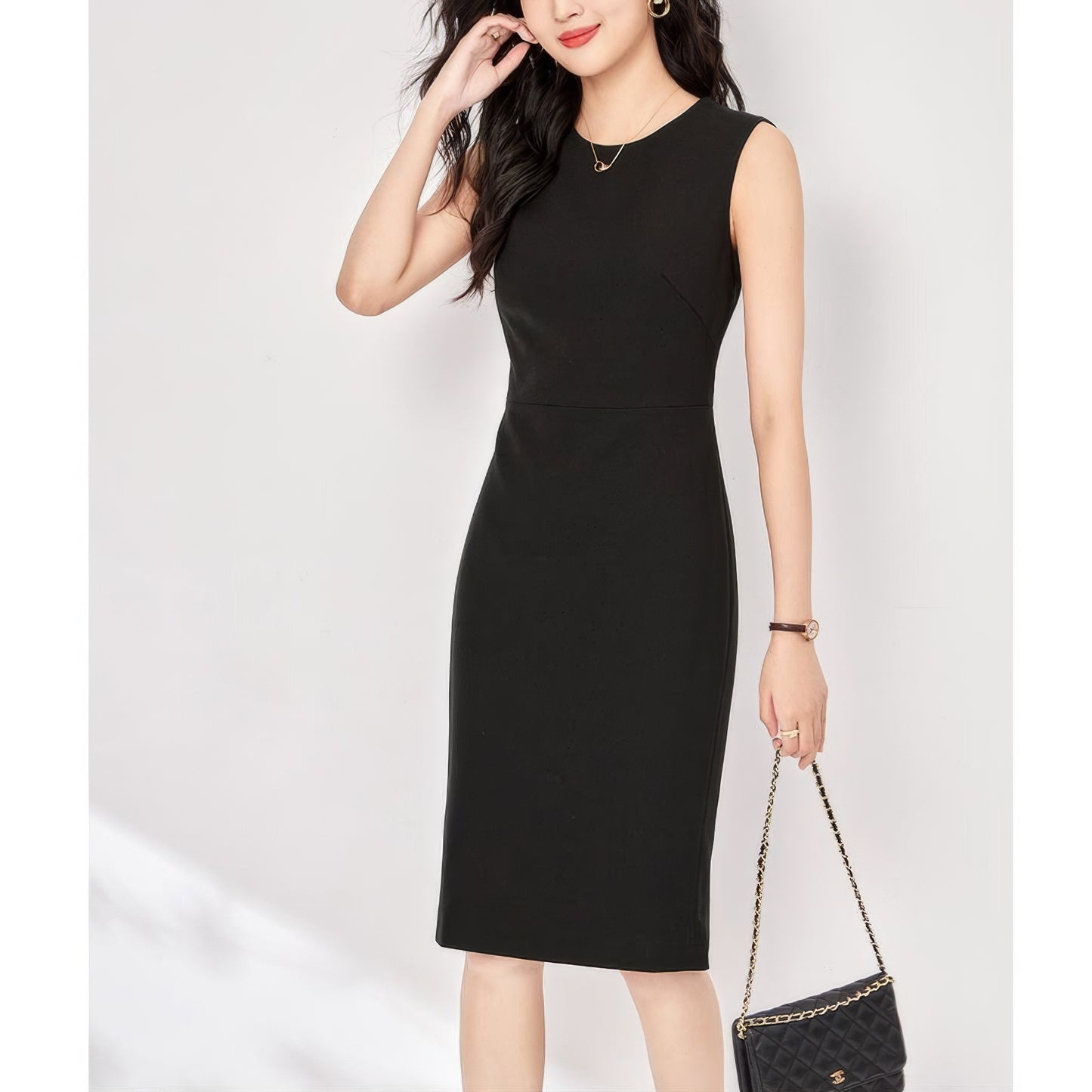 Sleeveless Pencil Silhouette Black Midi Dress