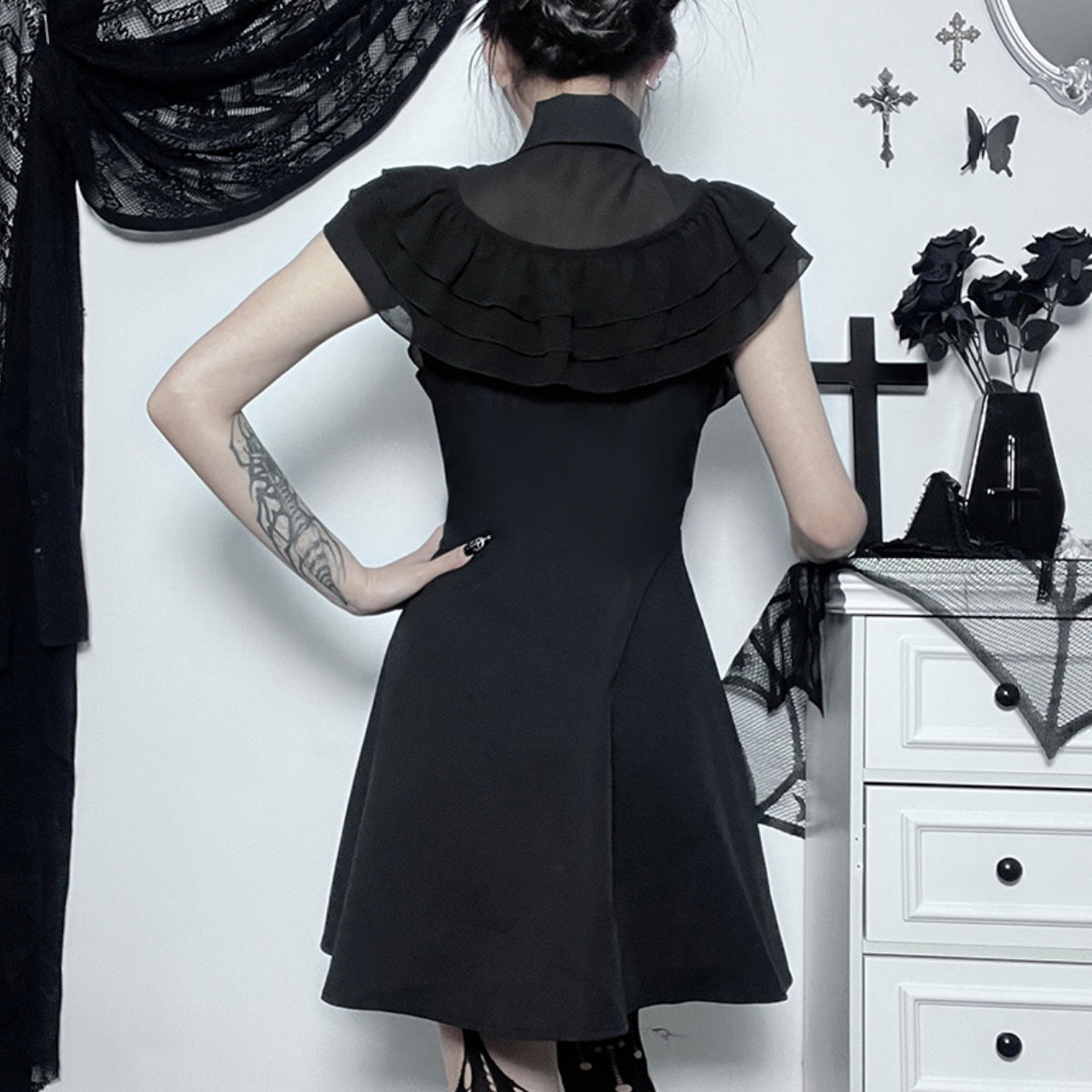 Black Ruffled Collar Dress