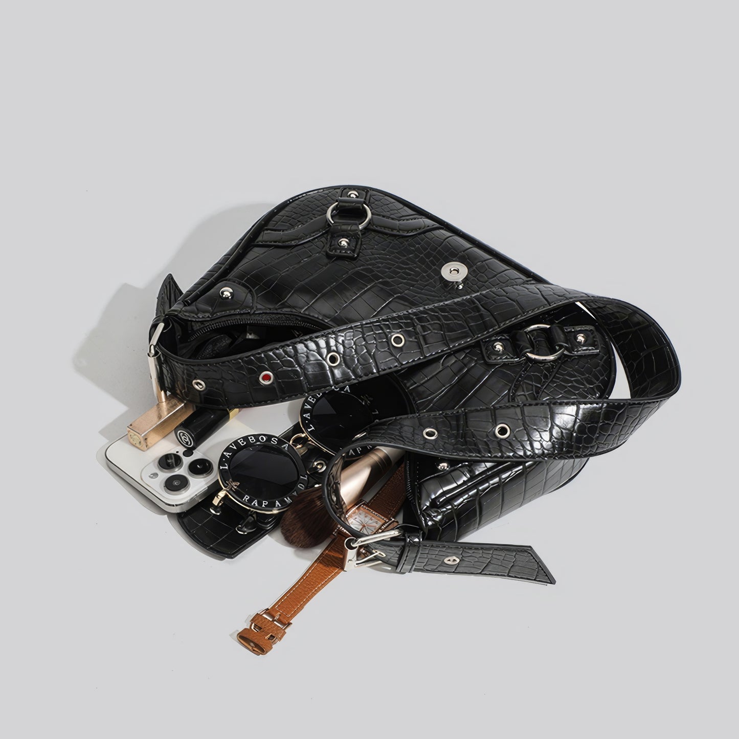 Croc-Effect Buckle Strap Shoulder Bag