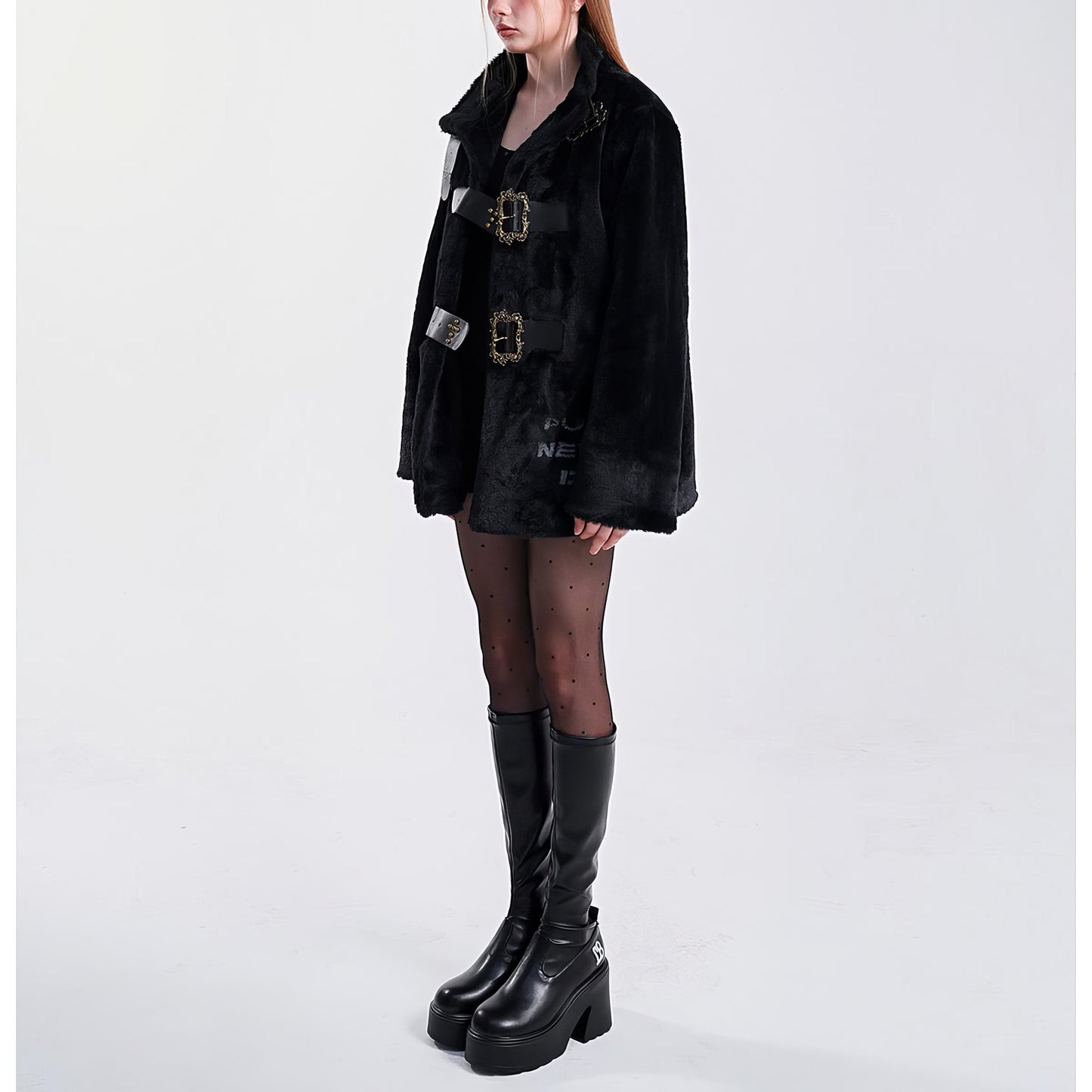 Faux Fur Buckle Strap Oversized Coat