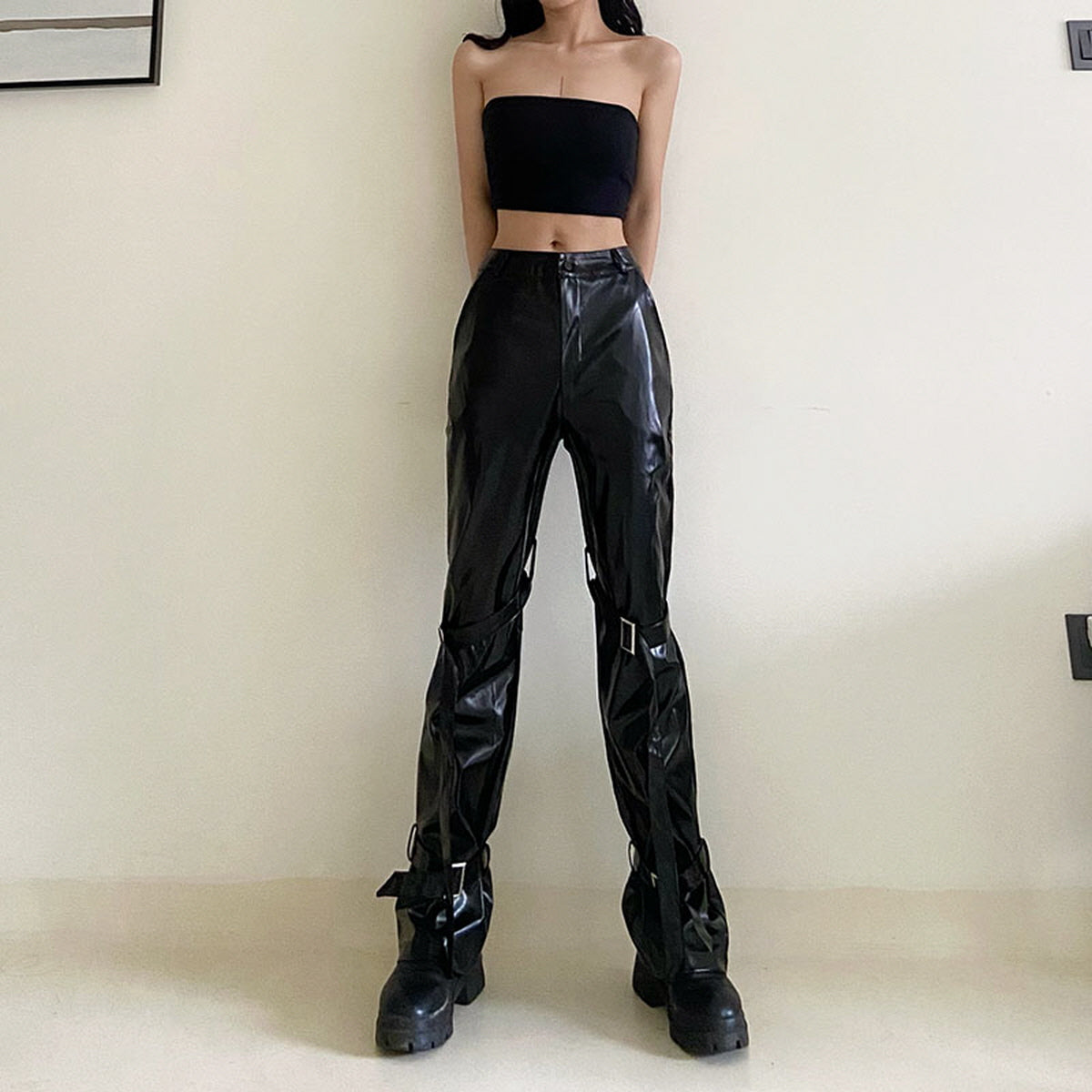 Buckled Faux Leather Pants