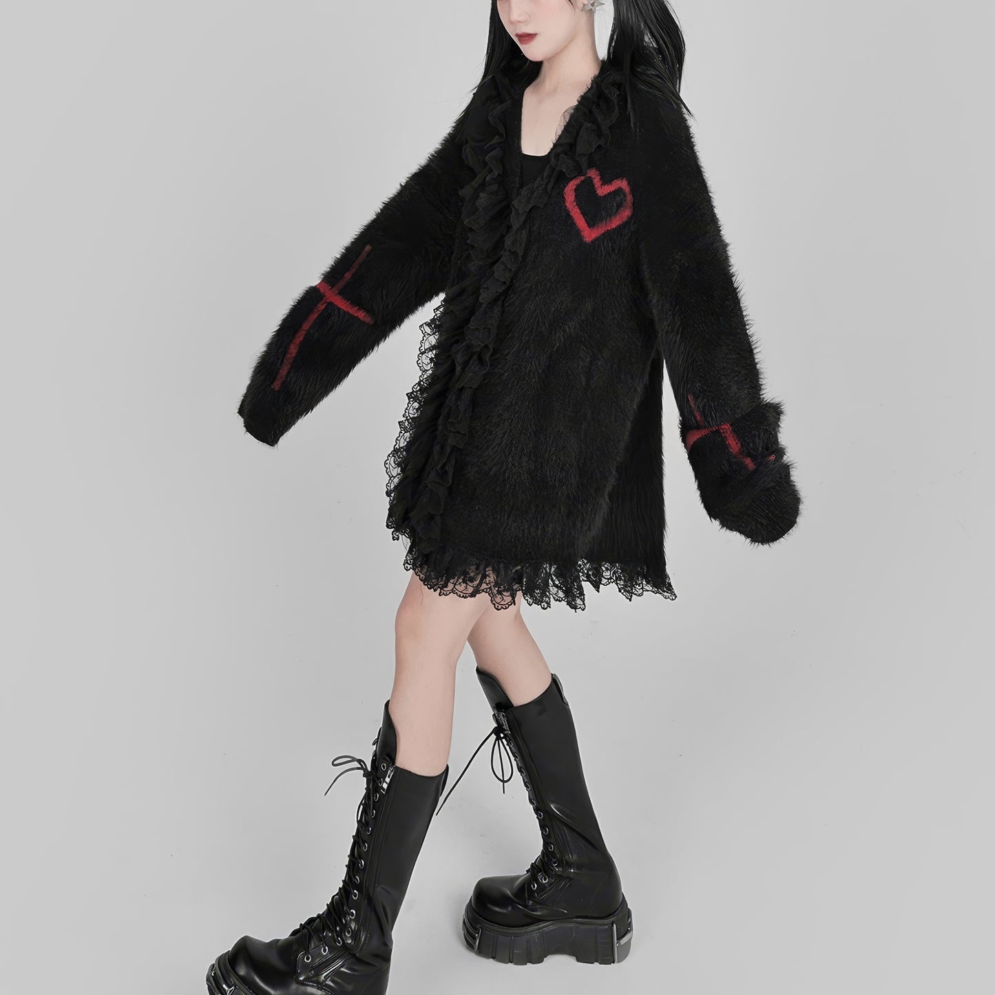 Lace Trim Fuzzy Knit Cardigan