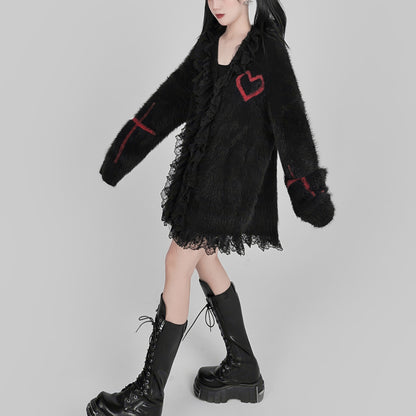 Lace Trim Fuzzy Knit Cardigan