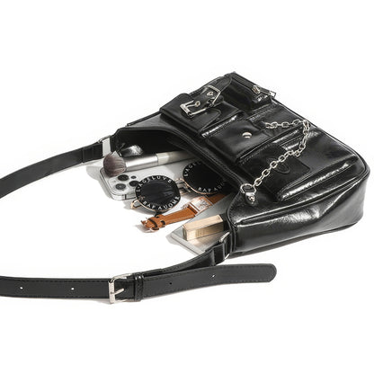 Multi Pocket Chain Accent Black Shoulder Bag