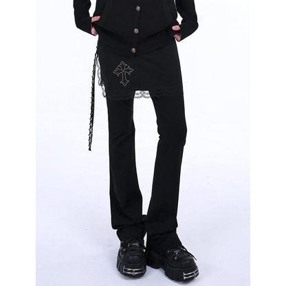 Lace Trim Flared Pants with Layered Skirt Detail