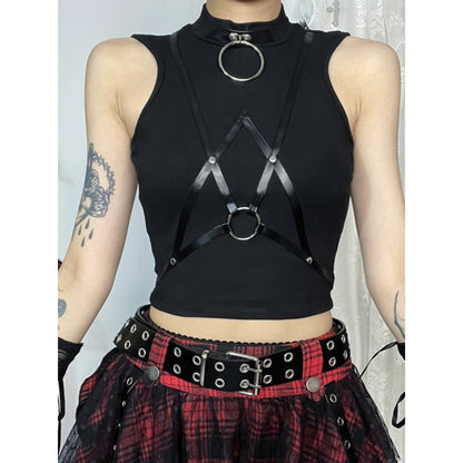 Black Plaid Buckle Crop Top