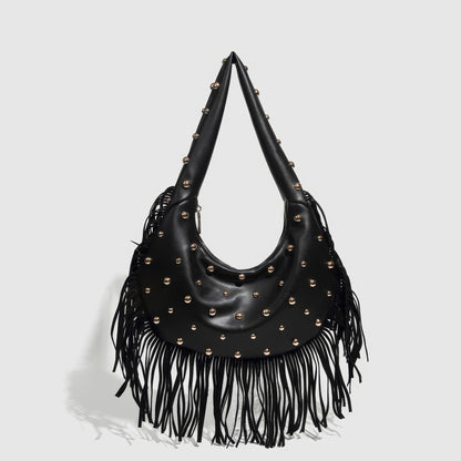 Fringed Studded Crescent Shoulder Bag