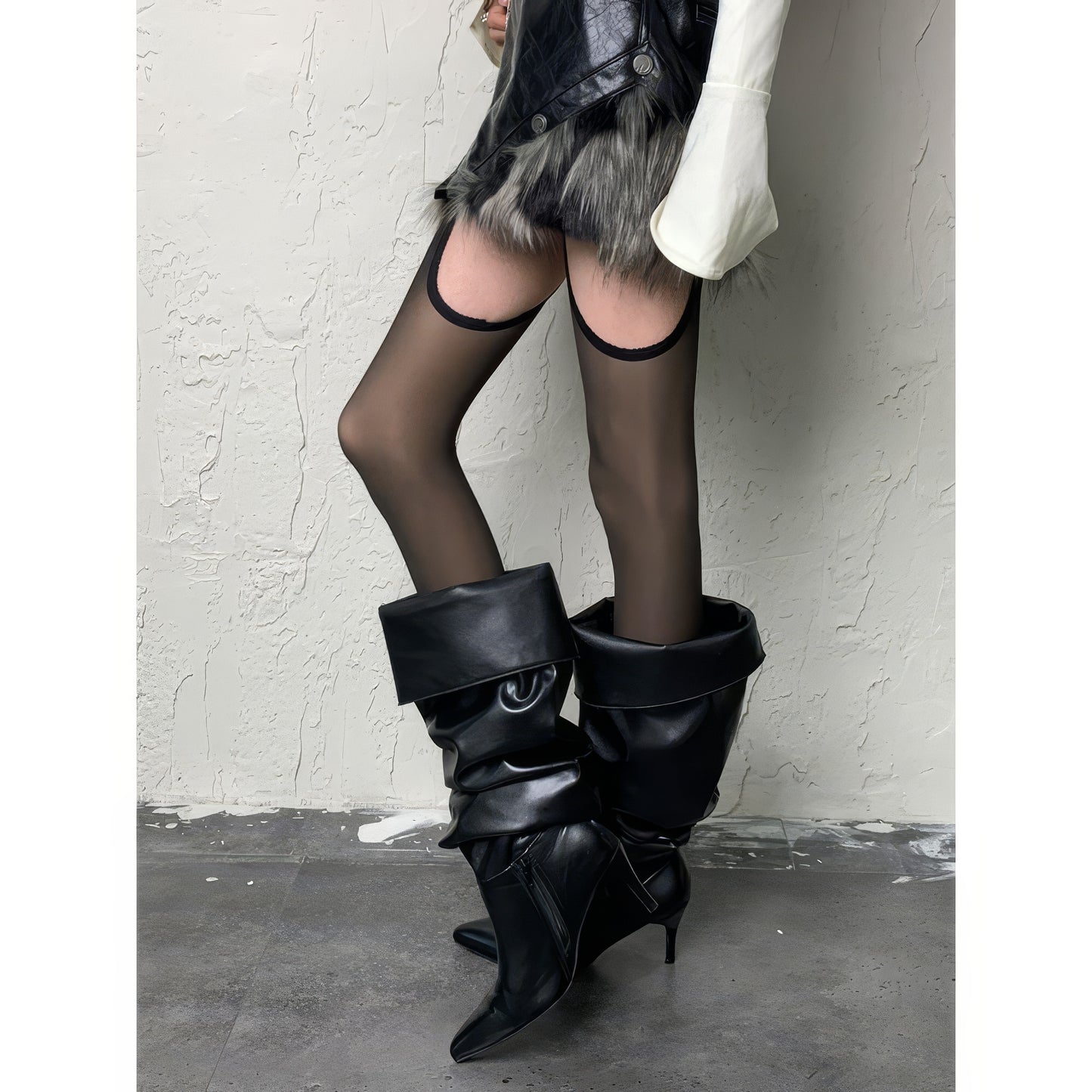 Scallop Trim Faux Garter Sheer Tights