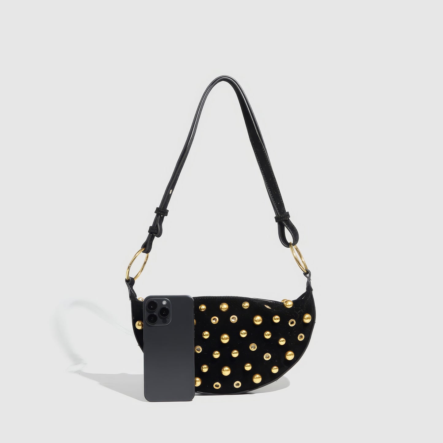 Studded Velvet Half Moon Shoulder Bag