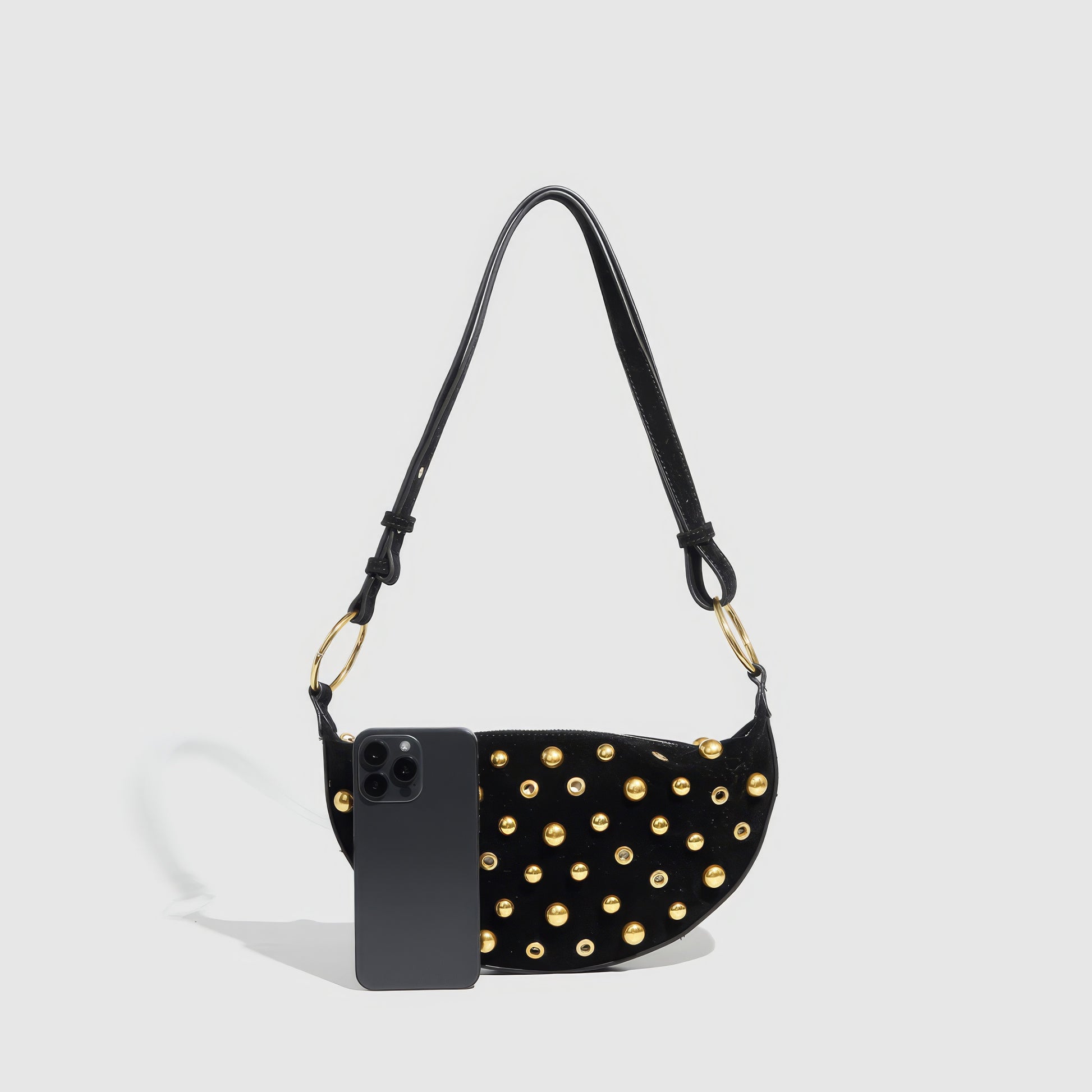 Studded Velvet Half Moon Shoulder Bag