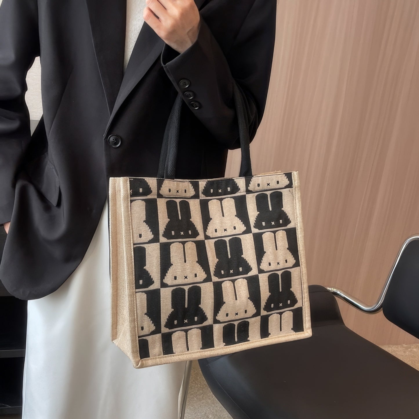 Pixel Bunny Pattern Canvas Tote