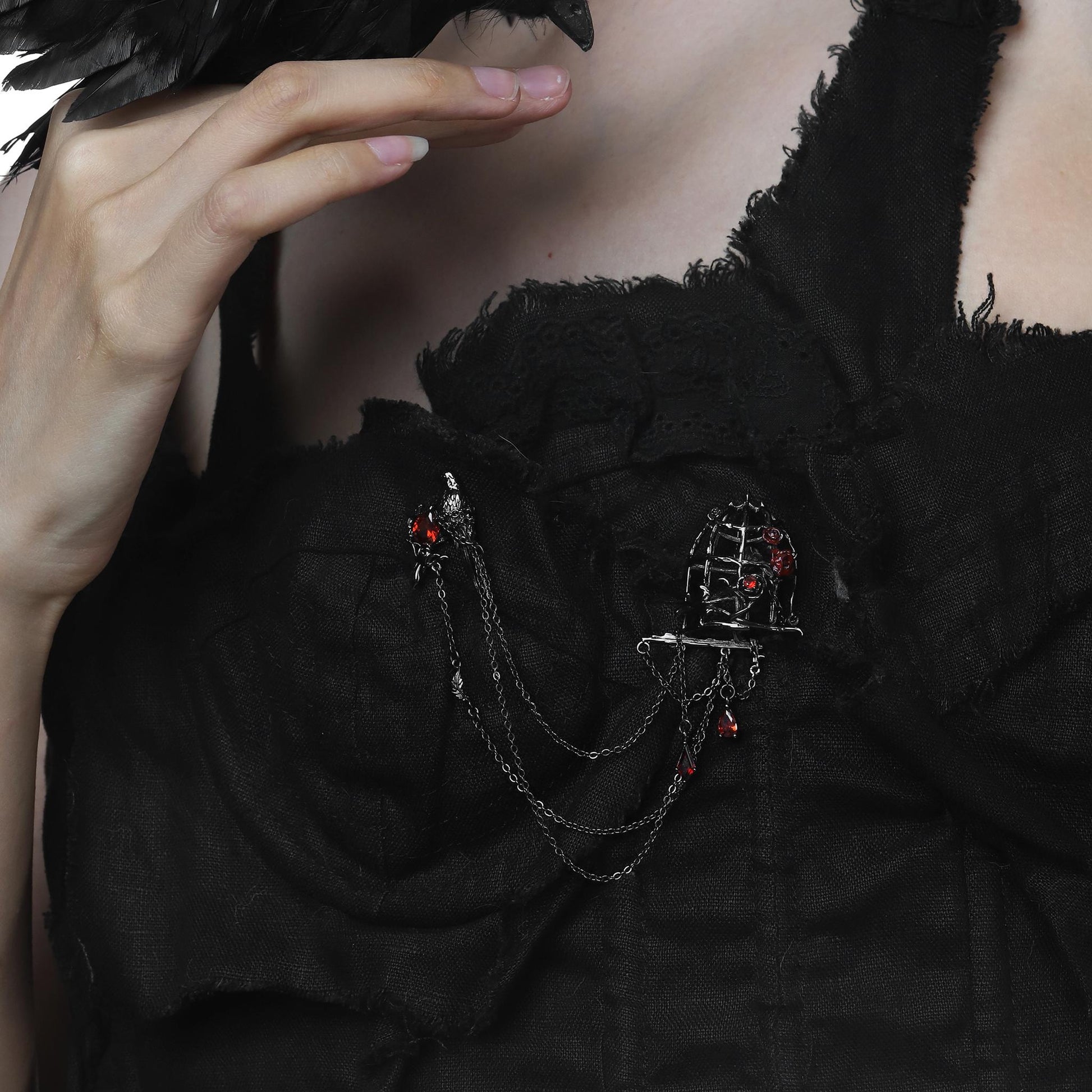 Red Rose Raven Cage Brooch