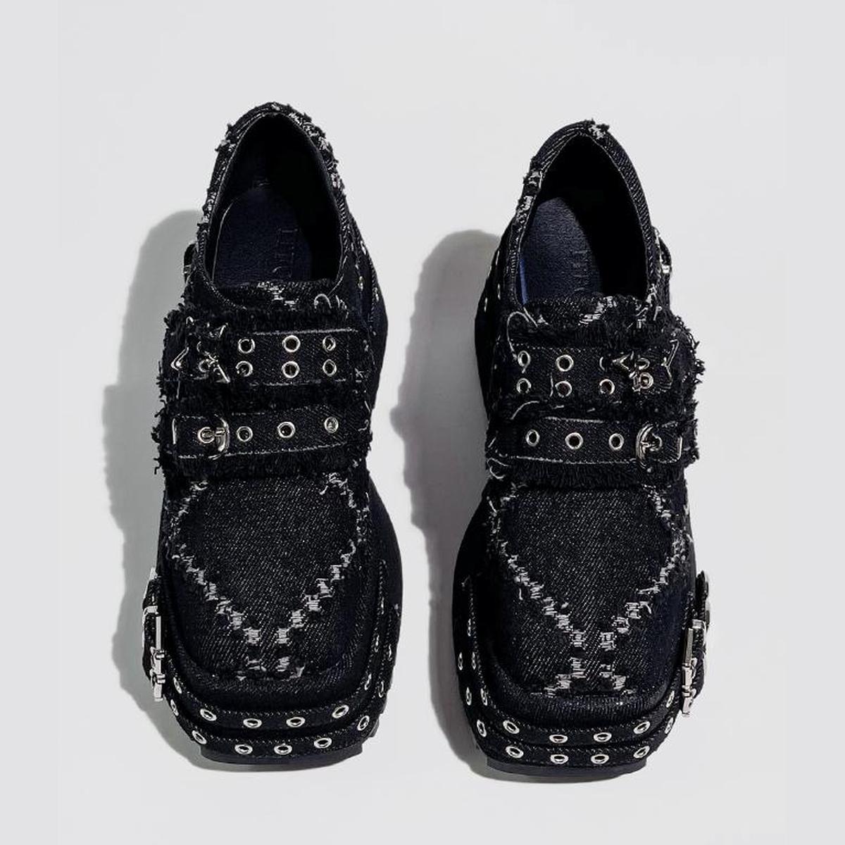 Black Distressed Denim Platform Shoes