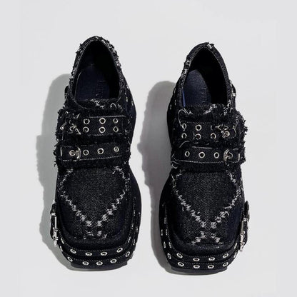 Black Distressed Denim Platform Shoes