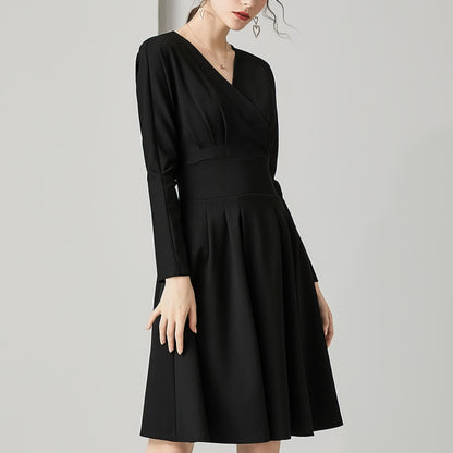 Wrap-Style Pleated Waist Black Midi Dress