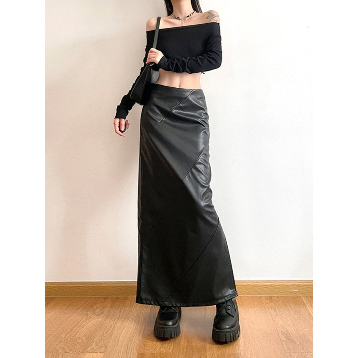 Faux Leather High-Slit Maxi Skirt