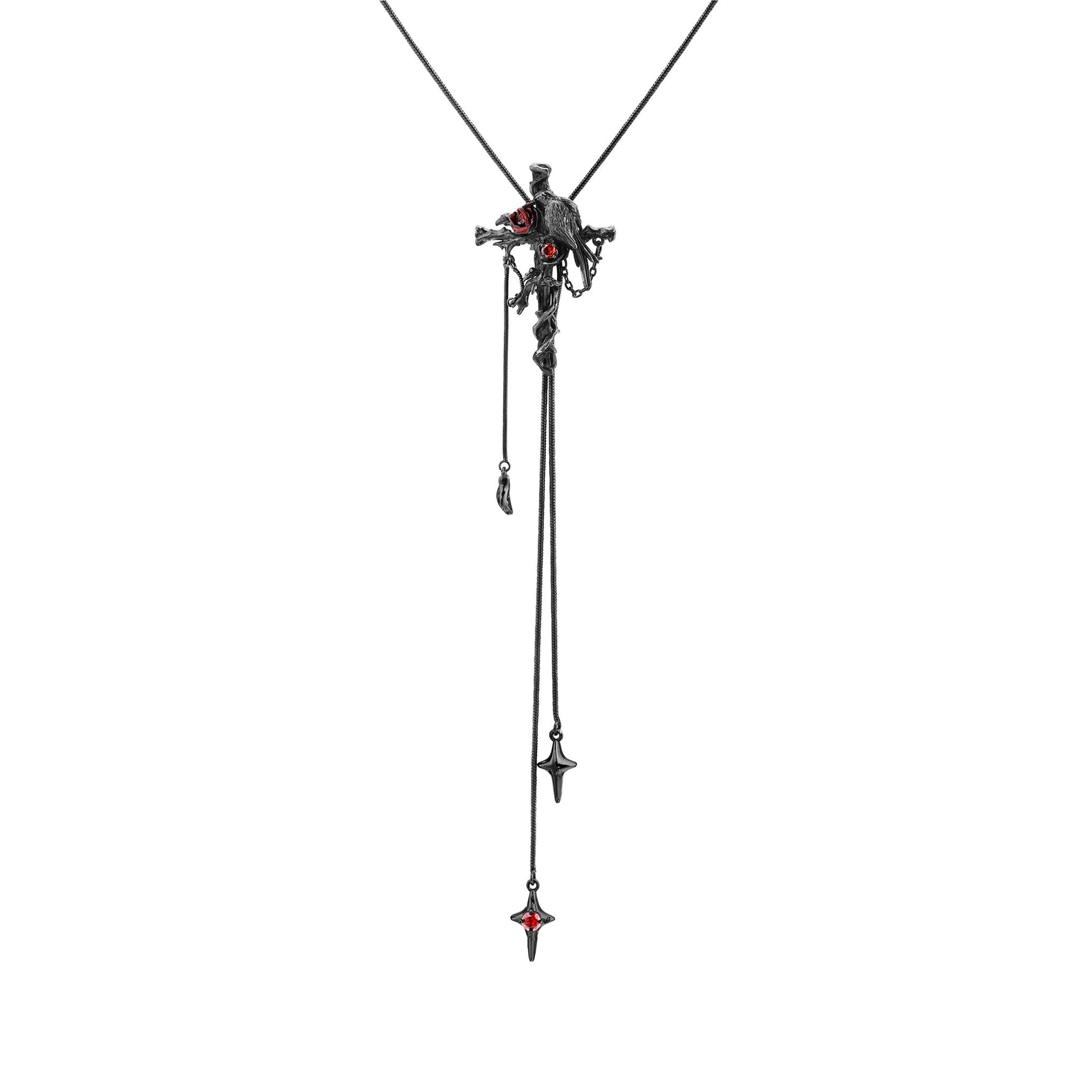 Hanging Raven Cross Lariat Necklace