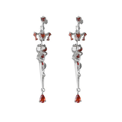 Garnet Cross Dagger Drop Earrings