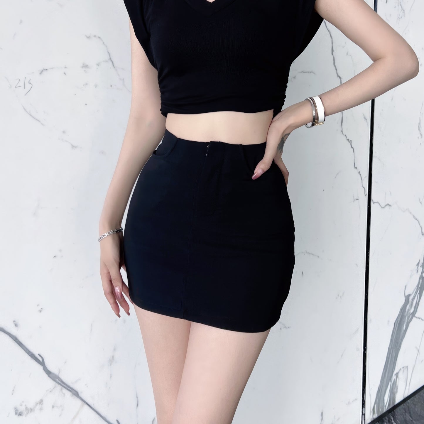 Basic Seamline Fitted Black Mini Skirt