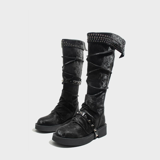 Black Velvet Studded Knee-High Boots