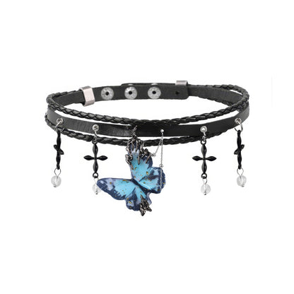 Layered Butterfly Pendant Leather Choker