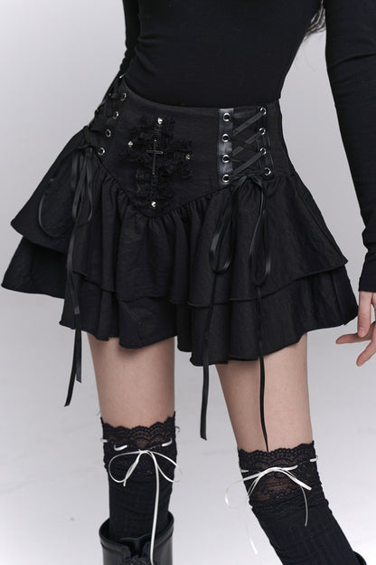 Black Lace-Up Ruffle Skirt