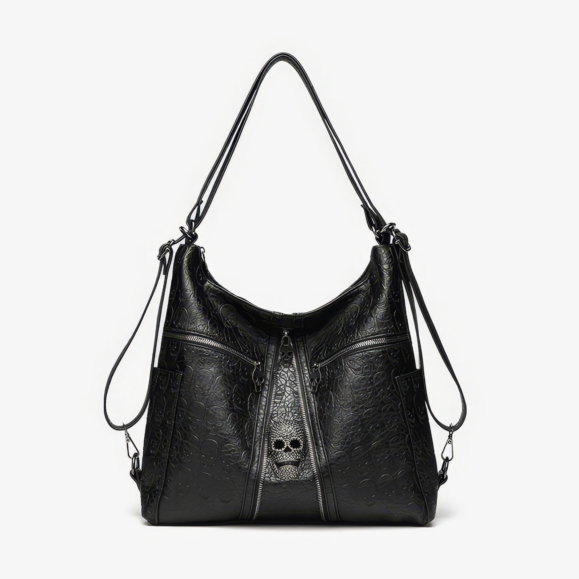 Skull Embossed Zip Detail Hobo Bag