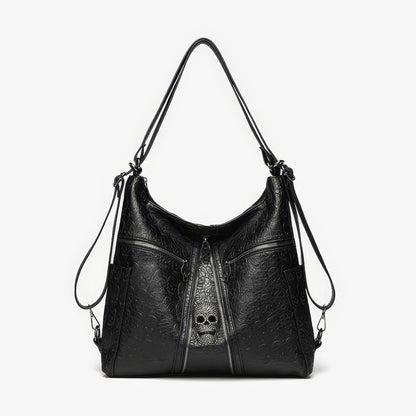 Skull Embossed Zip Detail Hobo Bag