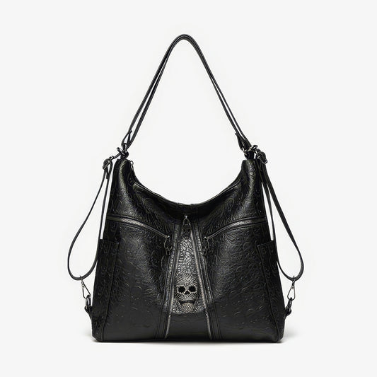 Skull Embossed Zip Detail Hobo Bag
