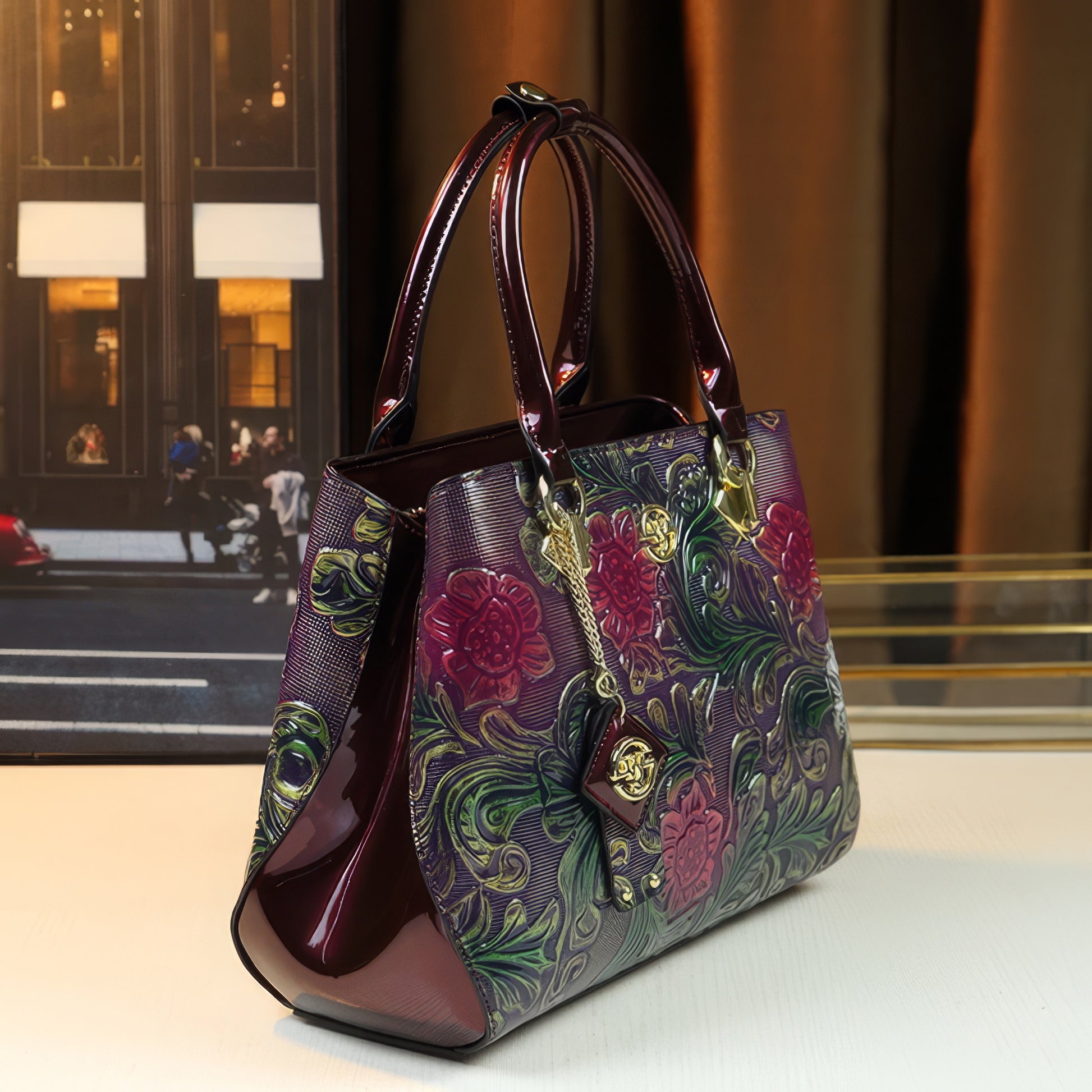 Purple Embossed Floral Patent Tote Bag