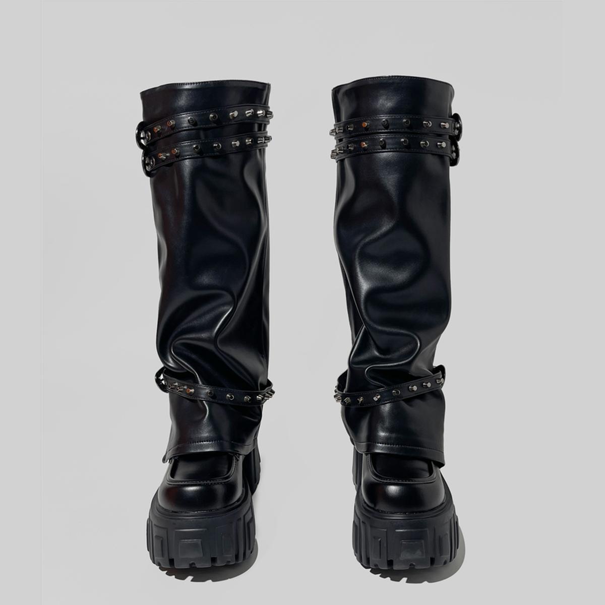 Black Buckled Platform Slouch Boots