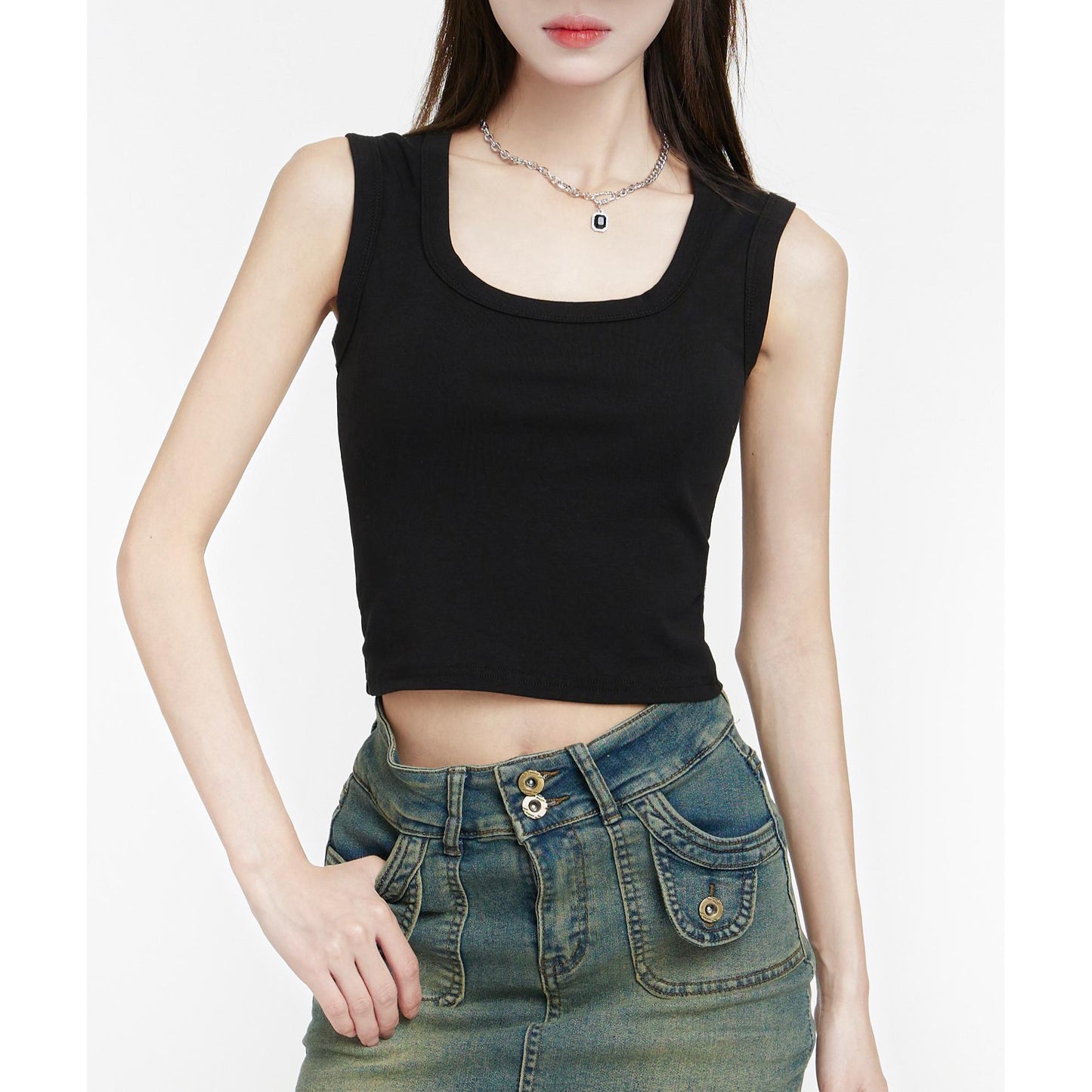 Scoop Neck Stretchy Crop Tank Top