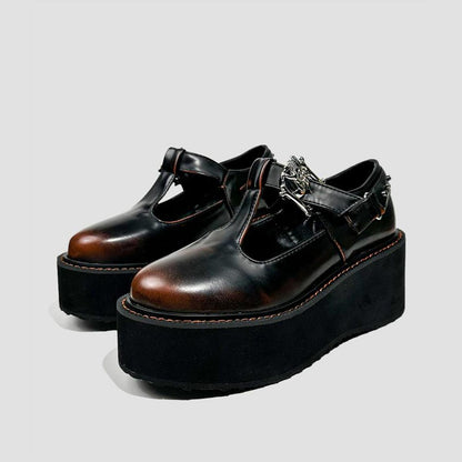 Black Metal Buckle T-Strap Platform Shoes