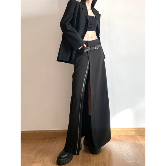 Belted Zip-Slit Maxi Skirt