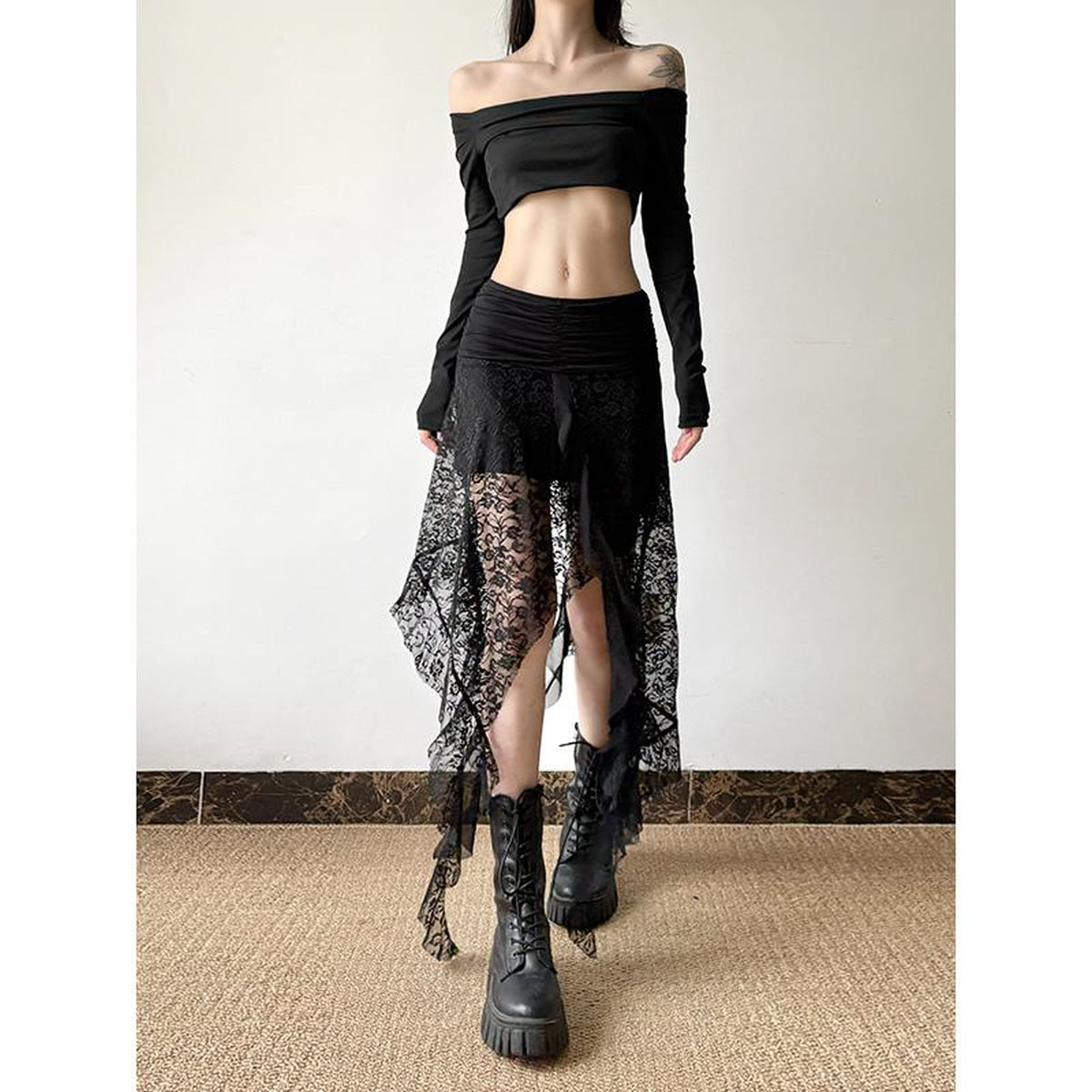 Asymmetrical Ruffled Sheer Lace Skirt