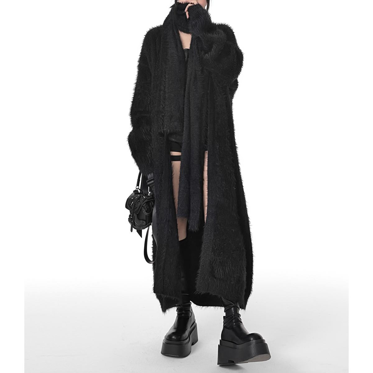 Textured Long Fuzzy Coat with Matching Scarf