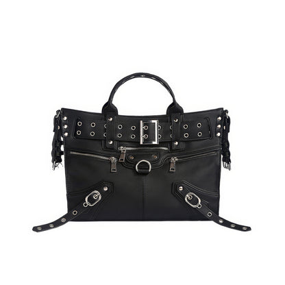 Buckle Strap Grommet Detail Black Tote Bag