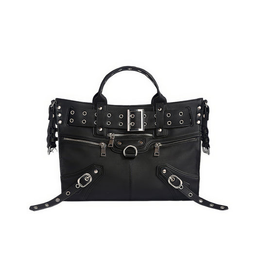 Buckle Strap Grommet Detail Black Tote Bag