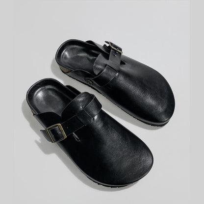 Black Buckle Leather Clogs