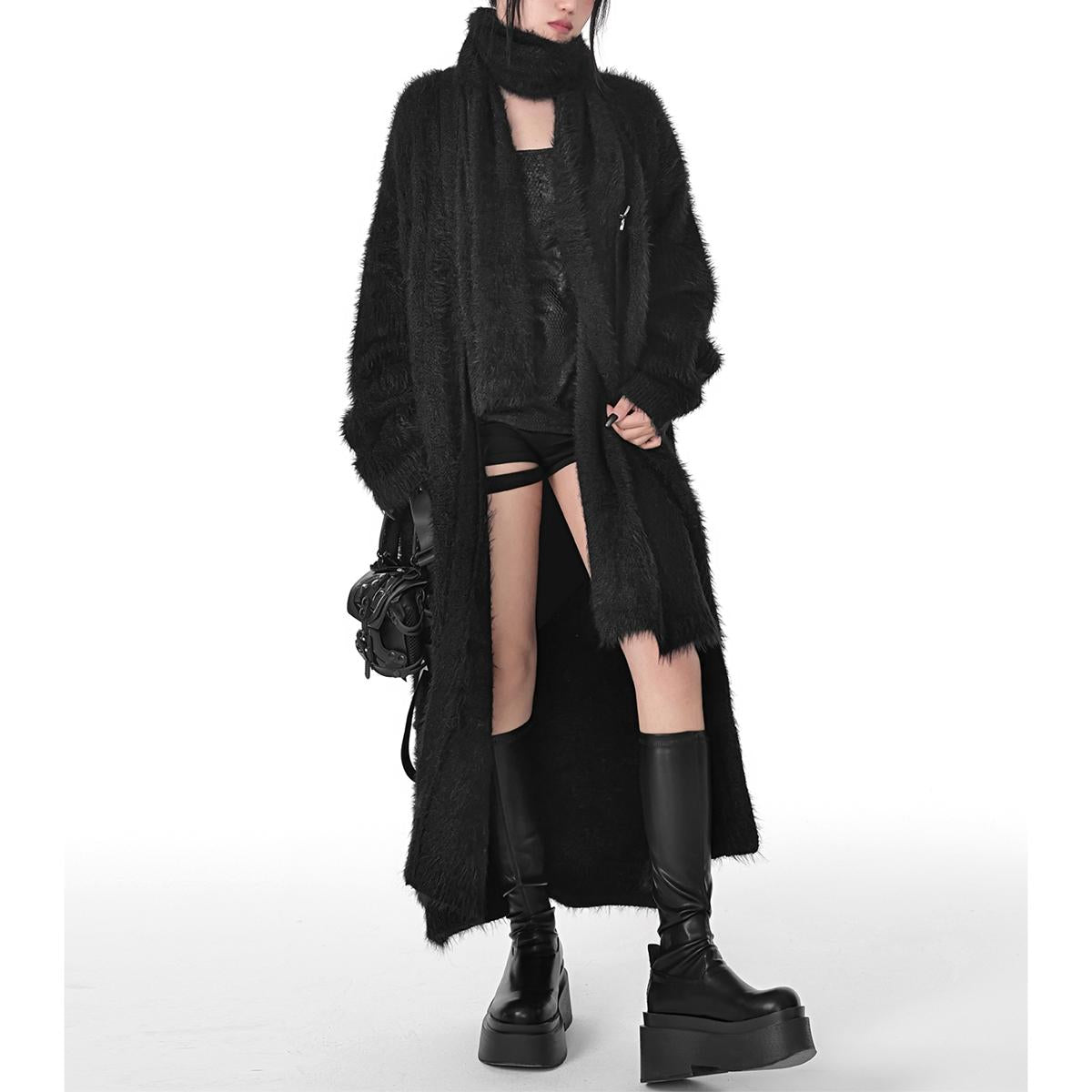 Textured Long Fuzzy Coat with Matching Scarf