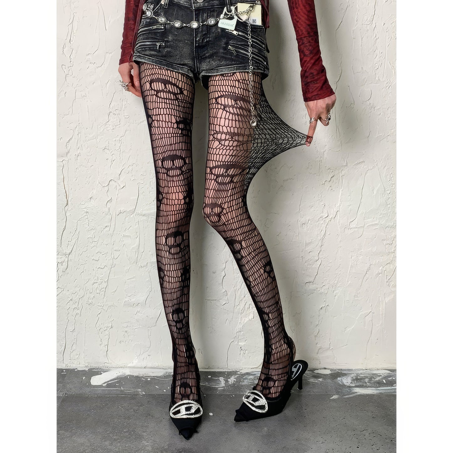 Skull Pattern Wide Net Tights