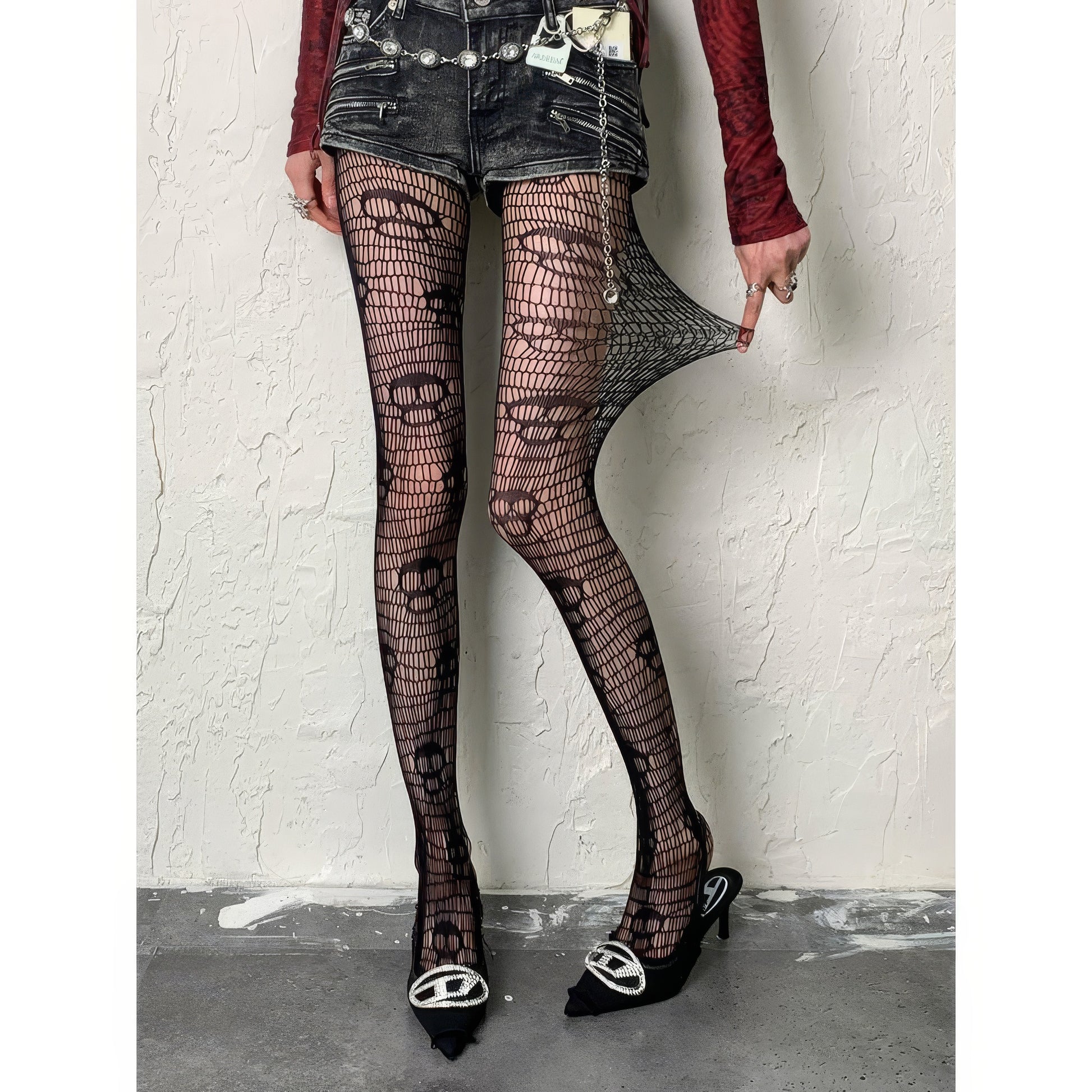 Skull Pattern Wide Net Tights
