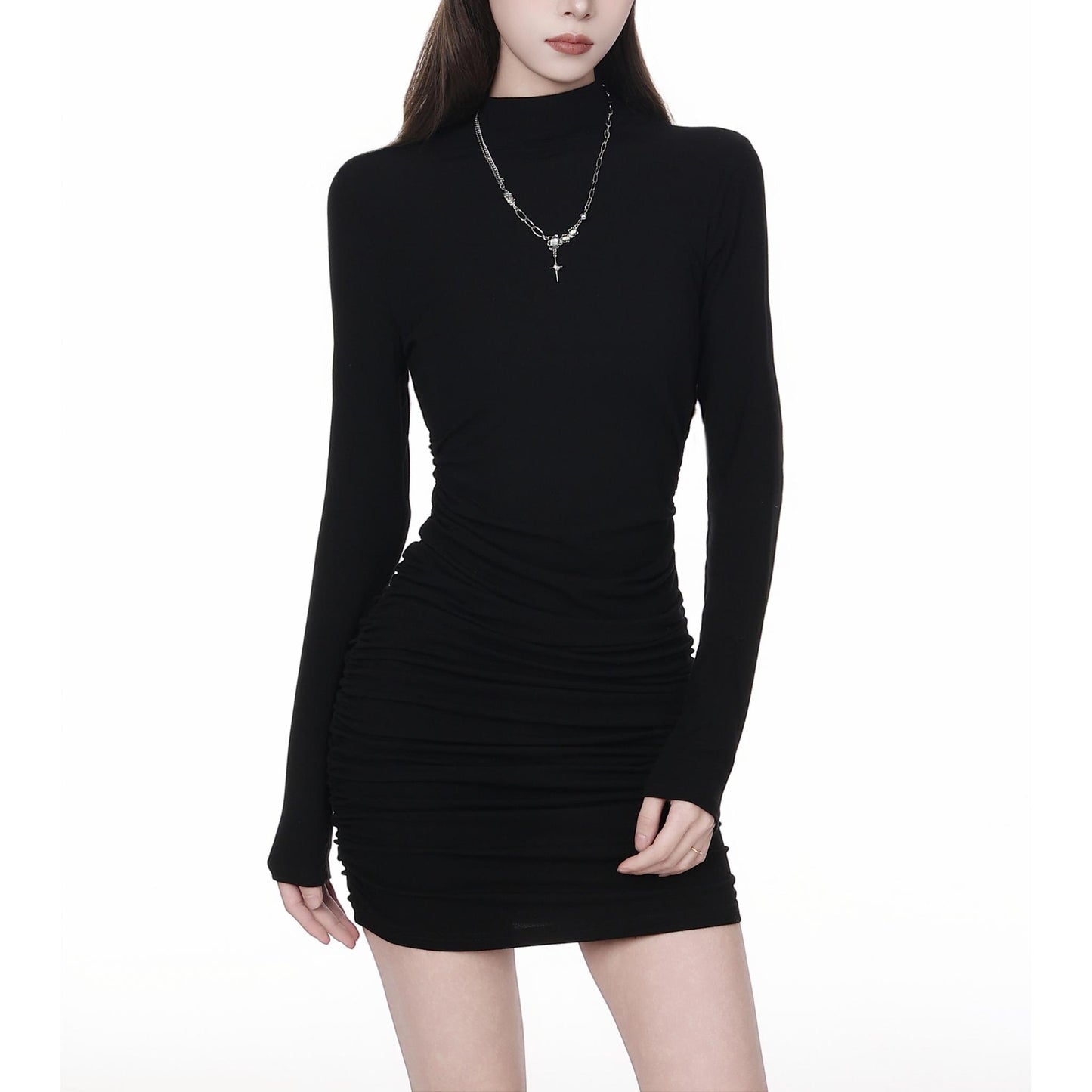 High Neck Ruched Bodycon Mini Dress