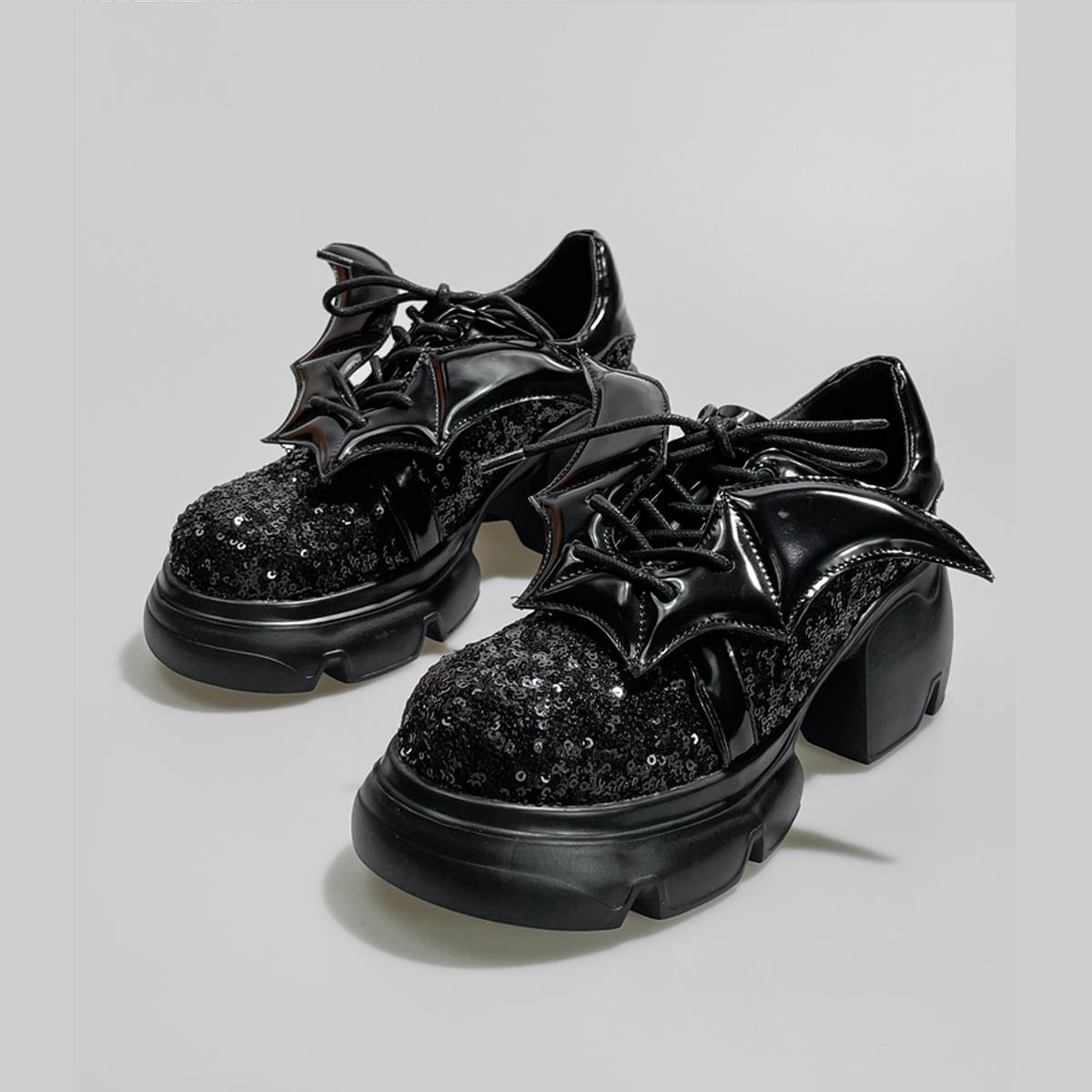 Black Sequin Bat Wing Platform Shoes