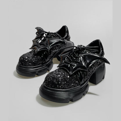 Black Sequin Bat Wing Platform Shoes