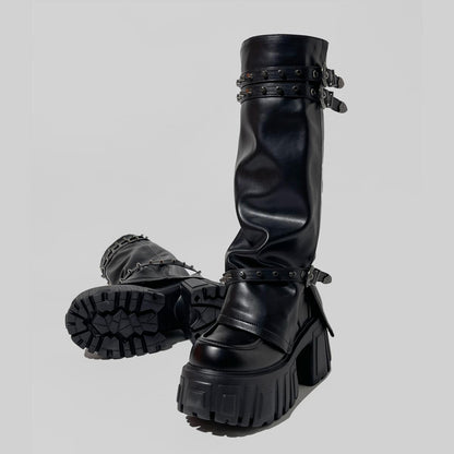Black Buckled Platform Slouch Boots