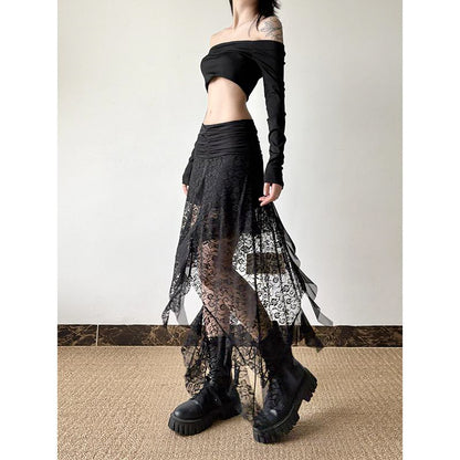 Asymmetrical Ruffled Sheer Lace Skirt